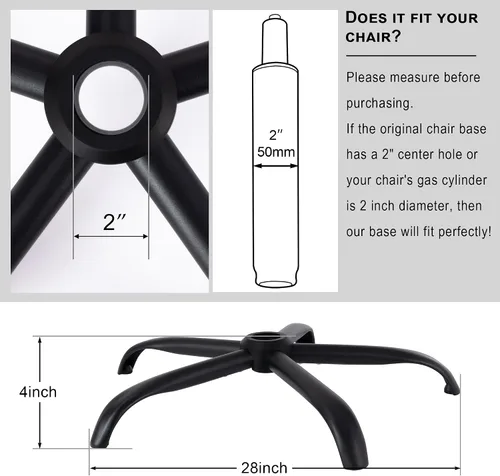 Vista 3 de Frassie Base de repuesto para silla de oficina con ruedas, base de metal resistente para silla de taburete de 2500 libras, pieza de repuesto Negro