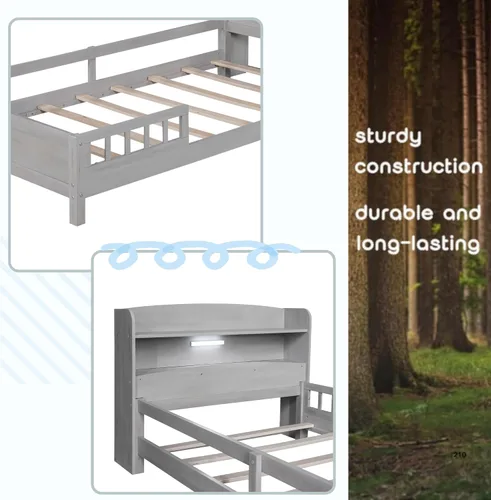 Vista 6 de Bellemave Base de cama individual con cabecera de almacenamiento y rieles para vallas, camas de plataforma baja de madera con luz LED y soporte