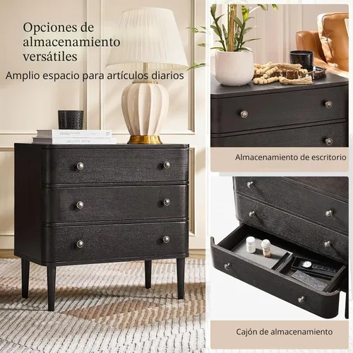Vista 3 de HULALA HOME Mesa auxiliar moderna con estación de carga, mesa auxiliar de madera de 3 cajones con patas de madera maciza y patas ajustables, mesa