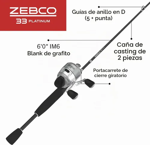 Vista 2 de Zebco 33 Platinum Spincast carrete y caña de pescar, embrague anti-marcha atrás