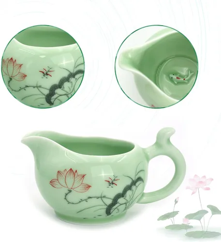 Vista 3 de DELIFUR Celadon Juego de té de porcelana hecho a mano con tema de loto, tetera de porcelana cubierta taza de té Gongdao taza de China