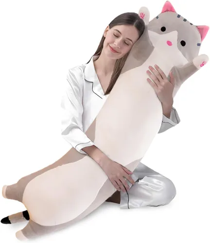 Vista 19 de shangman Bonita muñeca de gato de peluche, bonita almohada de peluche suave de caricaturas, almohada larga para dormir, regalo del día de San Negro