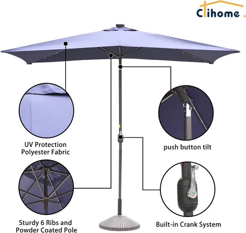 Vista 6 de Sombrilla rectangular de 10 x 6 pies 5 pies con luz LED, sombrilla para exteriores, sombrilla de mesa de mercado con botón de inclinación y manivela