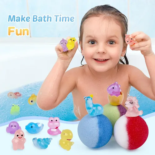 Vista 4 de Bombas de baño para niños, 24 bombas de baño con sorpresa que brilla en la oscuridad en el interior, burbujas coloridas naturales y orgánicas