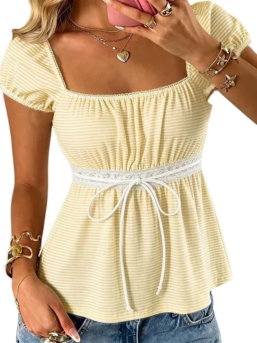 Vista 29 de SOLY HUX Blusa de verano de manga corta para mujer Blanco sólido