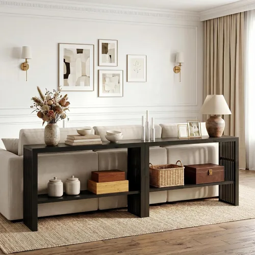 Vista 3 de Mesa consola estrecha de bambú de 47.2 pulgadas, mesa auxiliar de granja de 2 niveles, mesa de entrada rectangular, moderna mesa de sofá detrás