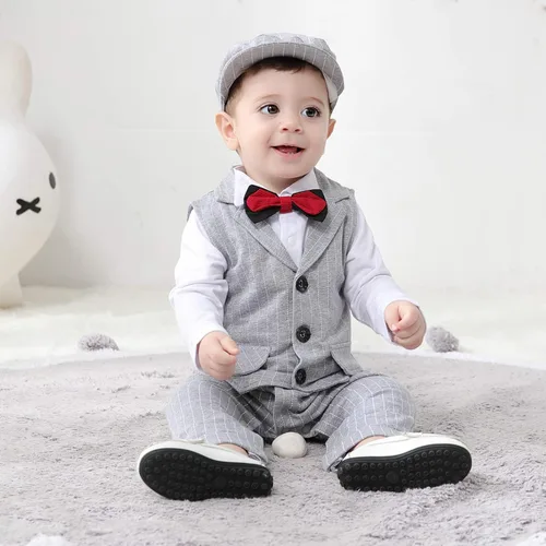 Vista 3 de Kgurtagh Trajes de traje para bebé niño, mameluco y chaleco y boina y pajarita (0-2T)
