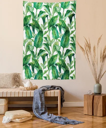 Vista 85 de Ambesonne Tapiz verde, fases lunares alrededor de un árbol de la vida, impresión de diseño bohemio de astrología nocturna, decoración de tela