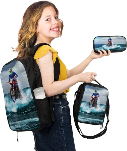 Vista 7 de Cool Dirt-Bike Motocross - Mochilas escolares para adolescentes y niños, vehículo de motocicleta en el mar, mochila escolar, bolsa de almuerzo