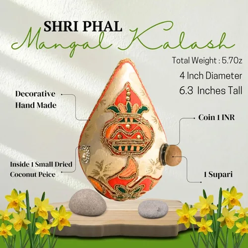 Vista 3 de LOVENSPIRE Shriphal Mangal Kalash Coco decorado para boda Shagun Decorativo Nariyal Mangal Nariyal Kalash Set Boda Pooja Nariyal Decorado Nariyal