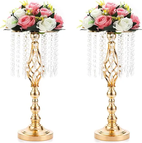 Vista 11 de Sziqiqi - Centro de mesa elevado floral dorado para mesa de boda de 21.7 pulgadas de altura con centros de mesa de flores de cristal y cuentas