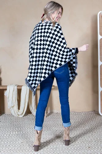 Vista 3 de Manta chal envolvente con capa a juego para mamá y yo Boho Open Front Winter Poncho Buffalo Plaid Warm Cardigan