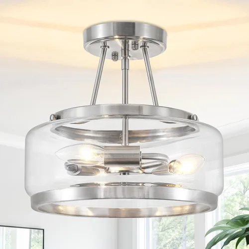 Vista 10 de Lámpara de techo semiempotrada dorada de 11.81 pulgadas, moderna lámpara de techo de tambor de cristal, lámpara de techo de 3 luces para pasillo