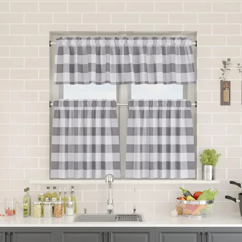 Vista 118 de Cenefas de cortina para ventana de 16 pulgadas de largo, 2 paneles de cuadros búfalo, cortinas pequeñas con bolsillo para barra, estilo clásico