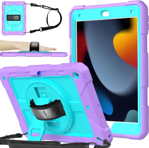 Vista 14 de BMOUO Funda para iPad de 9ª/8ª/7ª generación de 10.2", a prueba de golpes con soporte giratorio de 360°, correa de hombro y mano, funda para iPad