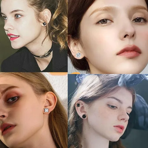 Vista 7 de YCL&TXL 6 pares de aretes de acero inoxidable hipoalergénicos para hombre, aretes falsos redondos cuadrados de circonita cúbica magnética