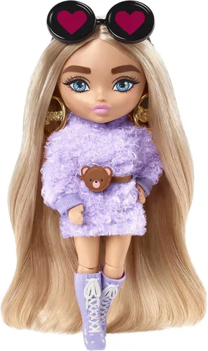 Vista 8 de Muñeca Barbie Extra y accesorios con aspecto brillante, cabello de fantasía rosa y morado y gorro de neón con cachorro mascota Blanco