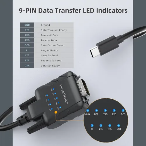 Vista 5 de DriverGenius SerialPulseX Adaptador USB-C a Serial RS232 DB9 con 9 indicadores LED - Prolific PL2303GC - Compatible con Windows 11, macOS 15, Linux
