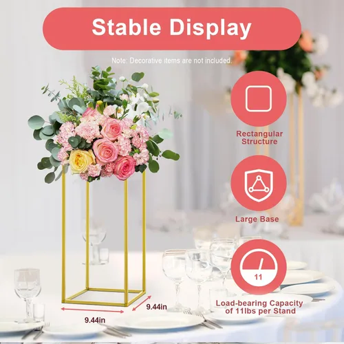 Vista 6 de 10 soportes de metal para centros de mesa de boda, jarrones de columna, soporte de flores de boda, soporte rectangular geométrico dorado