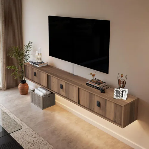 Vista 9 de Estante flotante de madera maciza para TV, armario de TV montado en la pared de 63 pulgadas, estantes flotantes con 3 puertas, centro de consola
