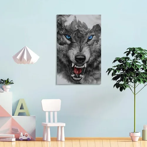 Vista 4 de Rucatto Póster de animales en blanco y negro con cabeza de lobo enojado salvaje y ojos azules, impresiones artísticas en lienzo para decoración