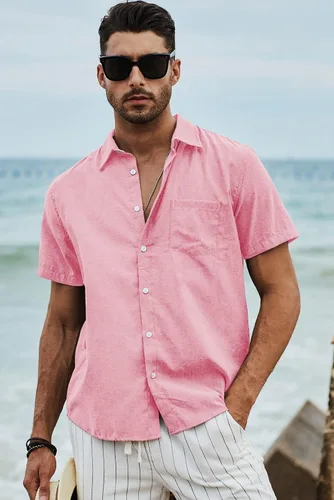 Vista 4 de JMIERR Camisas de vestir a rayas de algodón con botones y manga corta para hombre
