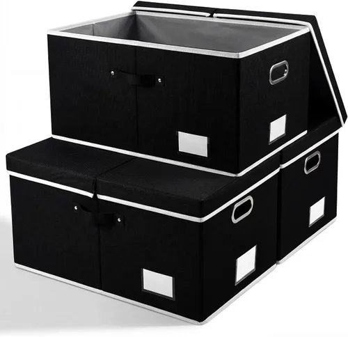 Vista 28 de PRANDOM Contenedores de almacenamiento con tapas [paquete de 3] cajas de almacenamiento plegables de tela de lino, canastas organizadoras, cubos