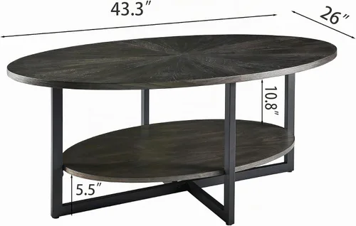 Vista 2 de Mesa auxiliar ovalada de madera con estante de almacenamiento, mesa de 2 niveles, negro y marrón Negro marrón-43.3 pulgadas