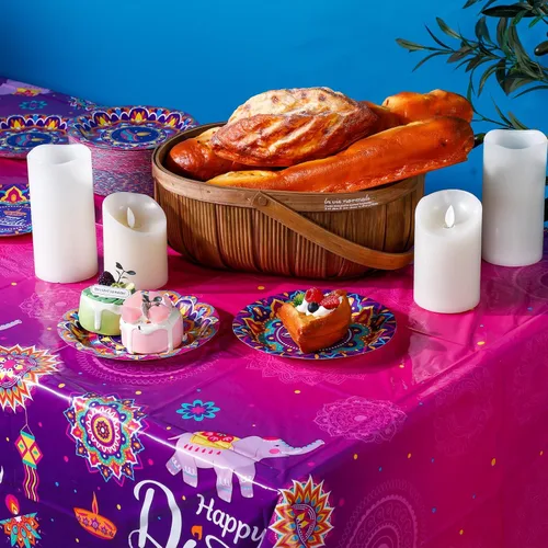 Vista 4 de Peryiter Happy Diwali Mantel desechable, mantel de plástico para mesas rectangulares, mantel Diwali para decoración de fiesta, celebración de luz