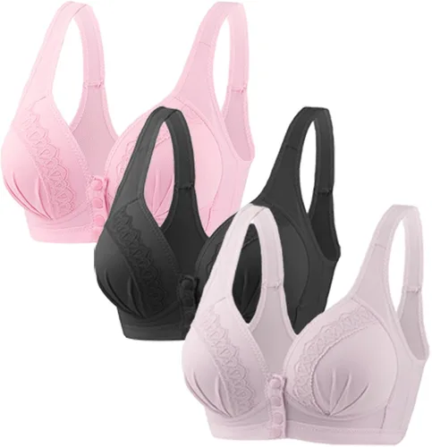 Vista 26 de Glamorette Snap Front Bra Older Women,Snap Front Bra, Sexy Lace Embroidered Bras,Pull-On Front Closure Button Bras 3 unidades de color negro.