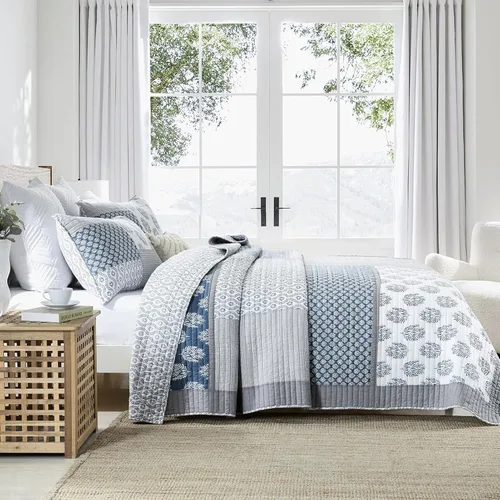 Vista 2 de Y-PLWOMEN - Juego de cama Queen con edredón/cubrecama de algodón 100% ligera, reversible, floral, rústico, para todas las estaciones Azul/Blanco/Gris