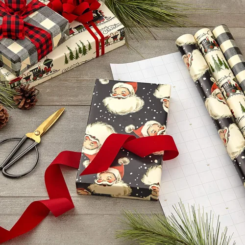 Vista 2 de Hallmark - Papel de regalo de Navidad negro con líneas de corte en el reverso (3 rollos: 11.2 m2) Papá Noel retro, cuadros de búfalo blanco y negro