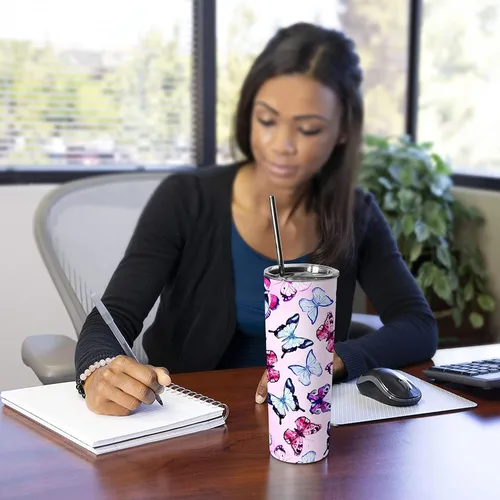 Vista 3 de Regalos de mariposa para mujer, decoración de mariposas, el mejor regalo de cumpleaños, 20 onzas con tapa y pajita, taza de viaje de acero