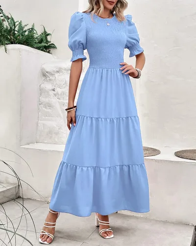 Vista 12 de BTFBM Vestidos para mujer, cuello redondo, casual, de verano, con volantes, manga corta, bohemio, con niveles, fruncido, largo, con estampado floral