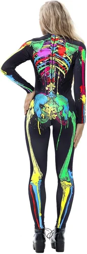 Vista 2 de Disfraz de esqueleto de calavera para Halloween para mujer, overol elástico y ajustado Skull Skeleton Costume Jumpsuits Stretch Skinny Catsuit