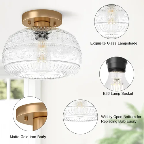 Vista 5 de Lámpara de Techo Semiempotrada, Luminaria Moderna Mejorada Cerca del Techo con Vidrio Transparente, Dorada, Iluminación Interior para Cocina