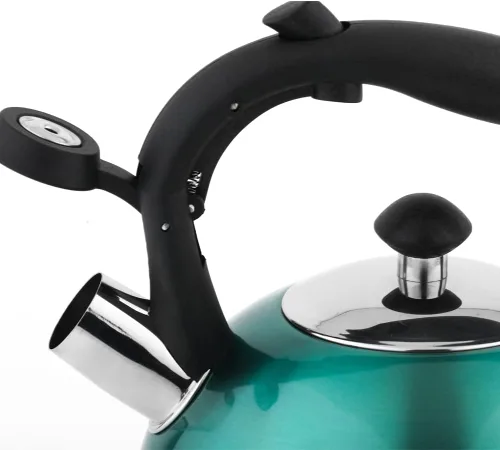 Vista 3 de Amazon Basics Hervidor de té silbante para estufa, hervir rápido, acero inoxidable, grado alimenticio, mango ergonómico, 2.3 litros, verde azulado