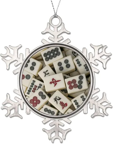 Vista 2 de Divertido adorno de Navidad copo de nieve redondo colgante recuerdo de Navidad Mahjong patrón de recuerdo de metal regalo de árbol de Navidad