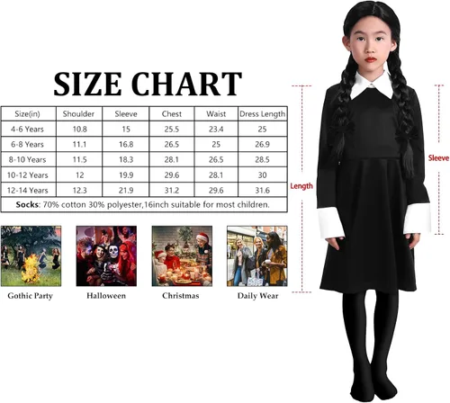 Vista 2 de Wigood Vestido de fiesta para niña de manga larga casual con cuello Peter Pan ajustado y acampanado con calcetines altos de 4 a 14 años Negro