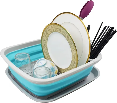Vista 8 de SAMMART Escurridor de platos plegable de 8L (2.11 galones) con escurridor, juego de escurridor plegable, organizador de vajilla portátil, bandeja