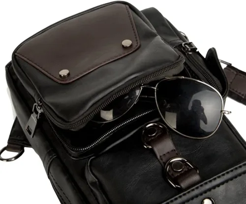 Vista 7 de Mochila estilo bandolera de piel para hombres y mujeres, bandolera de hombro, al pecho, mochila de uso diario para viajes, al aire libre