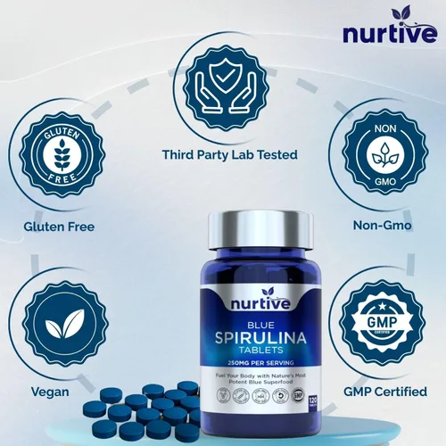 Vista 5 de Tabletas de espirulina azul – 250 mg por porción diaria, superalimento de ficocianina, 120 tabletas, 2 tabletas por día – Suministro de 2 meses