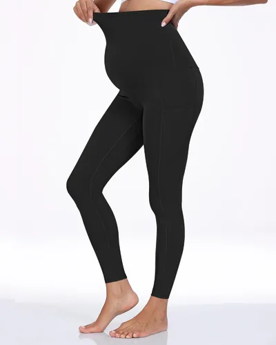 Vista 3 de WHOUARE Leggings de maternidad sobre el vientre con bolsillos para mujer, cintura alta, entrenamiento, pantalones de yoga
