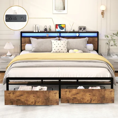 Vista 8 de Kiivakii Base de cama de tamaño matrimonial con cabecero, plataforma LED con 4 cajones de almacenamiento, estación de carga integrada, sin ruido