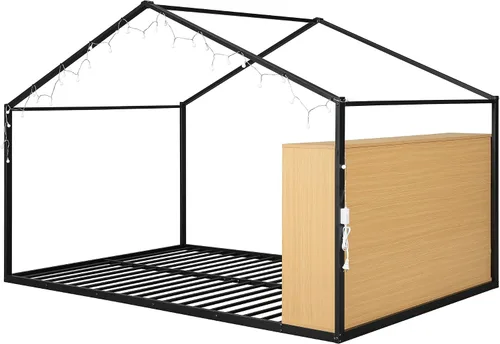 Vista 5 de Cama juguetona en forma de casa de tamaño matrimonial con estantes y luces, marco de cama de metal con techo para niños, adolescentes y adultos, un