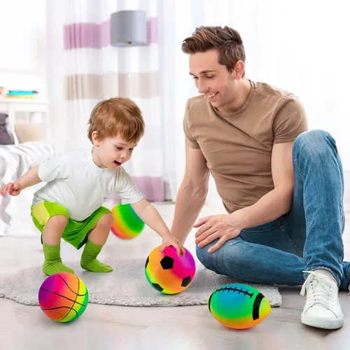 Vista 5 de Homotte Rainbow Sports Balls Paquete de 4, 1 de cada una de 8.5" Fútbol Americano, Baloncesto, Fútbol y Voleibol para Patio de Juegos, Juego