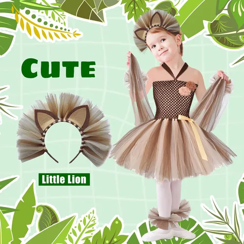 Vista 5 de Suhine 4 piezas de disfraz de león de Halloween para niños, cosplay, tutú de león con temática de selva con orejas para cumpleaños, Halloween