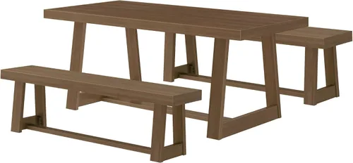 Vista 3 de Plank+Beam Juego de mesa de comedor de madera clásica, mesa de comedor de madera maciza con 2 bancos para comedor/cocina, cepillo de alambre de nuez