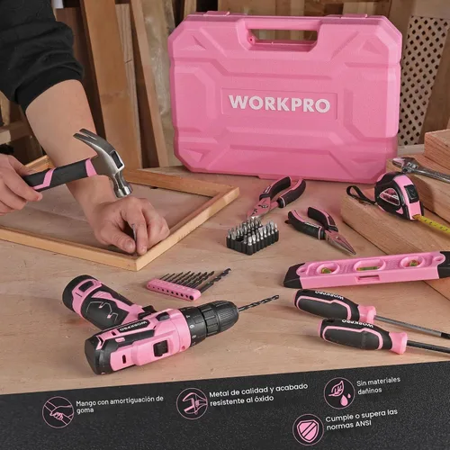 Vista 7 de WORKPRO Juego de herramientas rosa con taladro eléctrico, kit de taladro rosa portátil de 108 piezas para damas para el hogar con caja