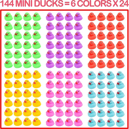 Vista 2 de Paquete de 144 mini patos de goma, mini patitos de goma coloridos de baño para niños, flotar y chillar, juego de juguetes de piscina para regalos